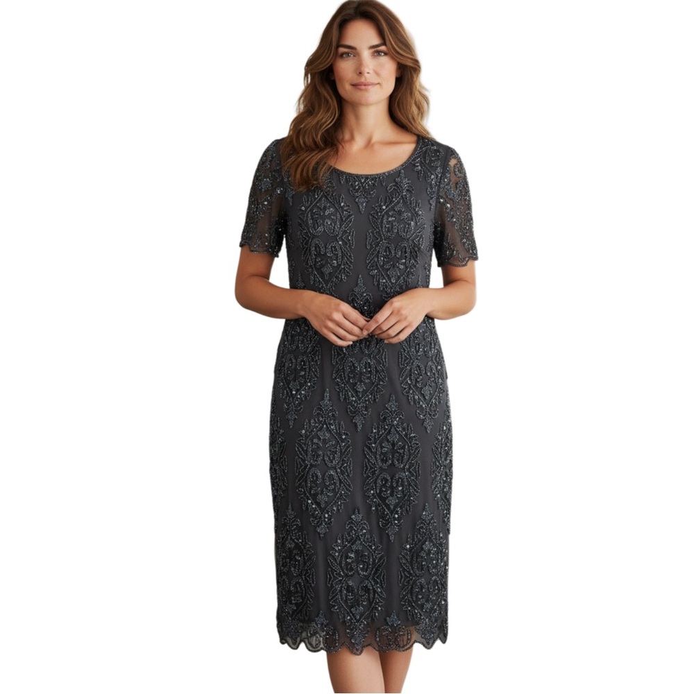 PISARRO NIGHTS Beaded Cocktail Midi Dress, Color Slate, Size 12